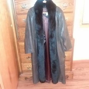 BROWN LEATHER COAT WITH BLACK RABBIT TRIM